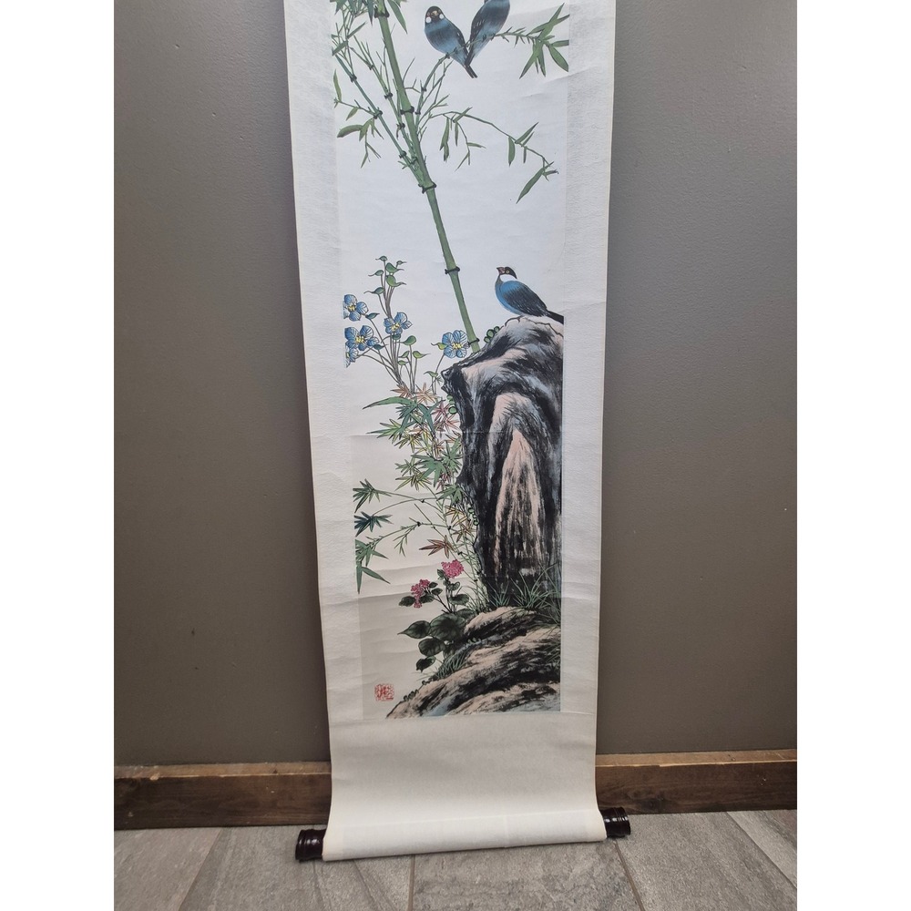 5 ft Vintage Chinese Hanging Scroll Painting Birds Bamboo Signed Asian Wall Art